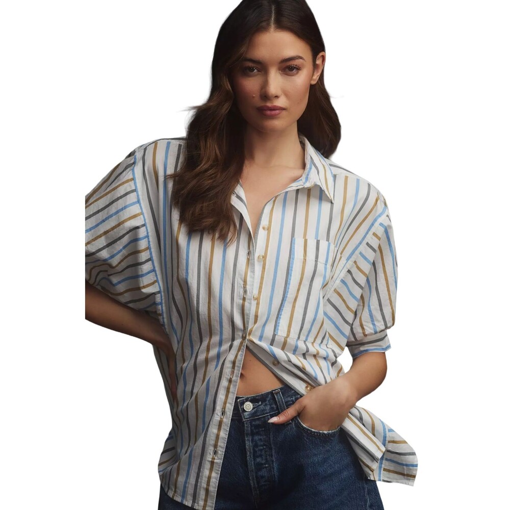 Pilcro Painter Buttondown Shirt Womens L White Blue Black Brown Anthropologie - Picture 4 of 9